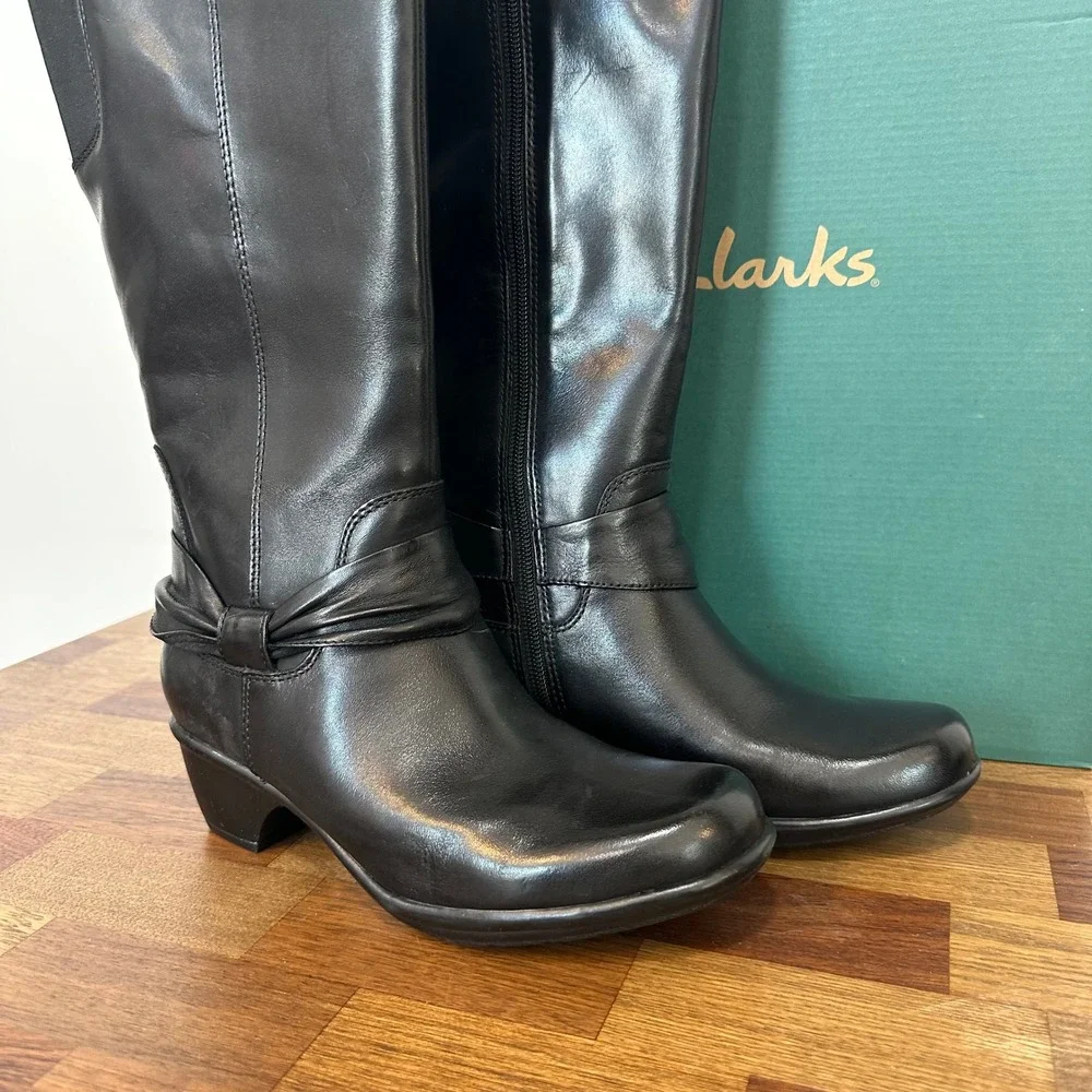 Clarks Wyld Polka 7 NEW Box Black Leather Knee High Wedge Heel Round Toe